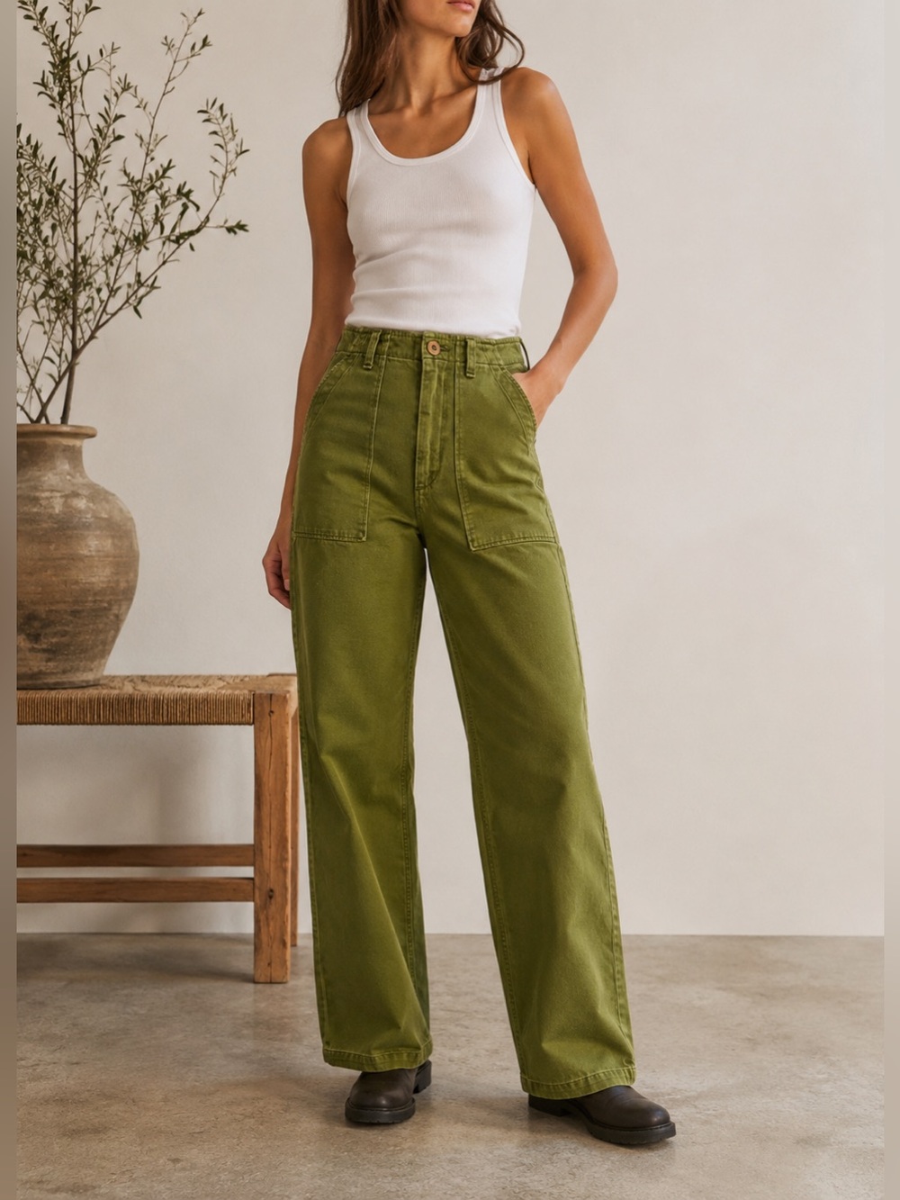 DOEN Olive Green Utility Carpenter Pants Size 26 Made in Japan Cotton